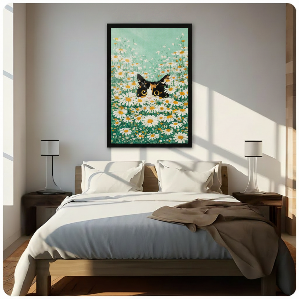 Peeking Cat Daisy Field Canvas Wall Art