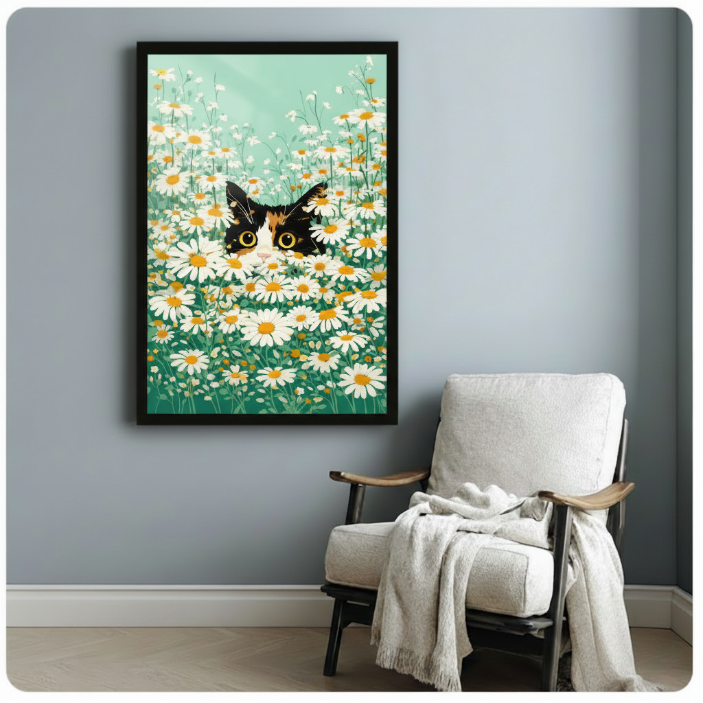 Peeking Cat Daisy Field Canvas Wall Art