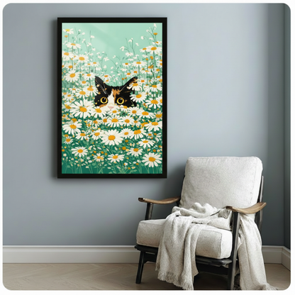 Peeking Cat Daisy Field Canvas Wall Art