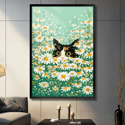 Peeking Cat Daisy Field Canvas Wall Art