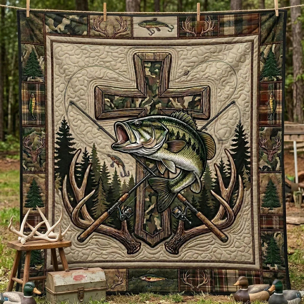 Camo Fishing Cross Quilt Blanket