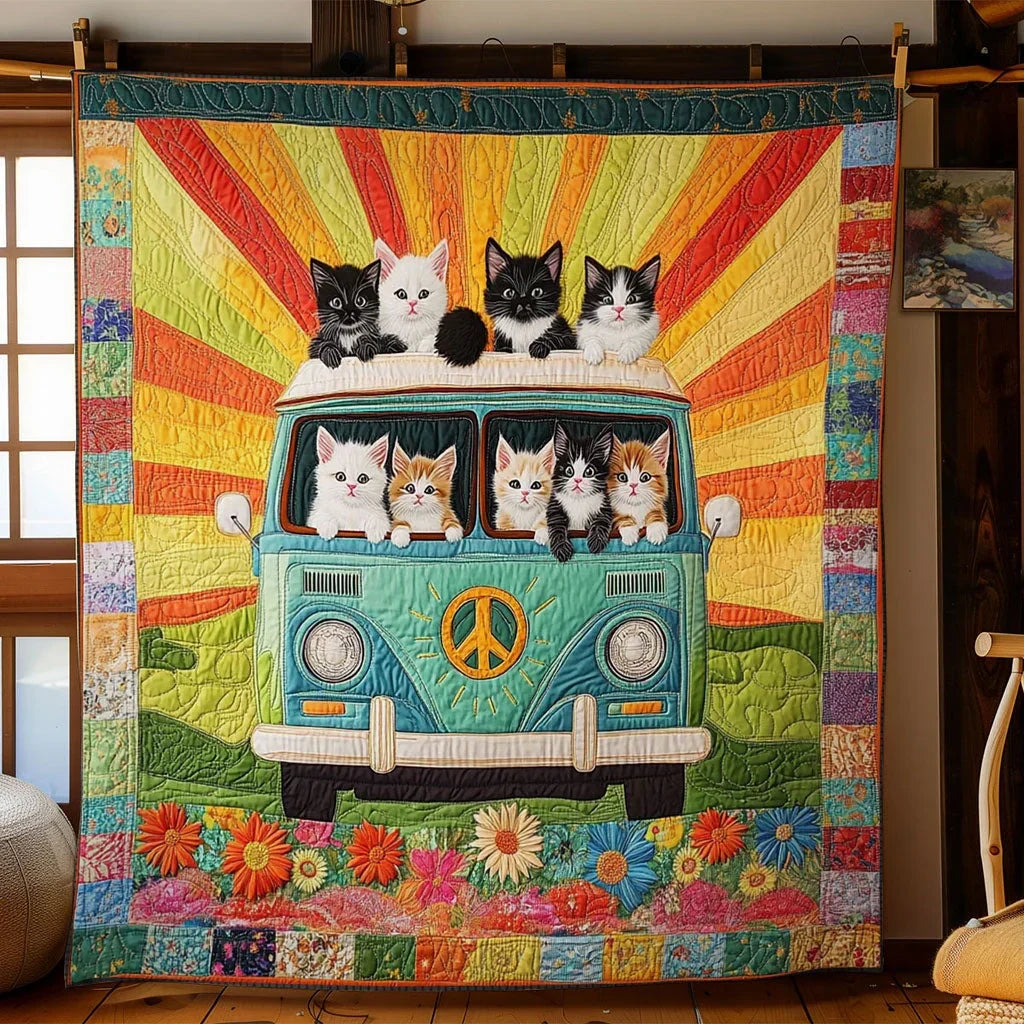Camper Trip Cat Quilt Blanket