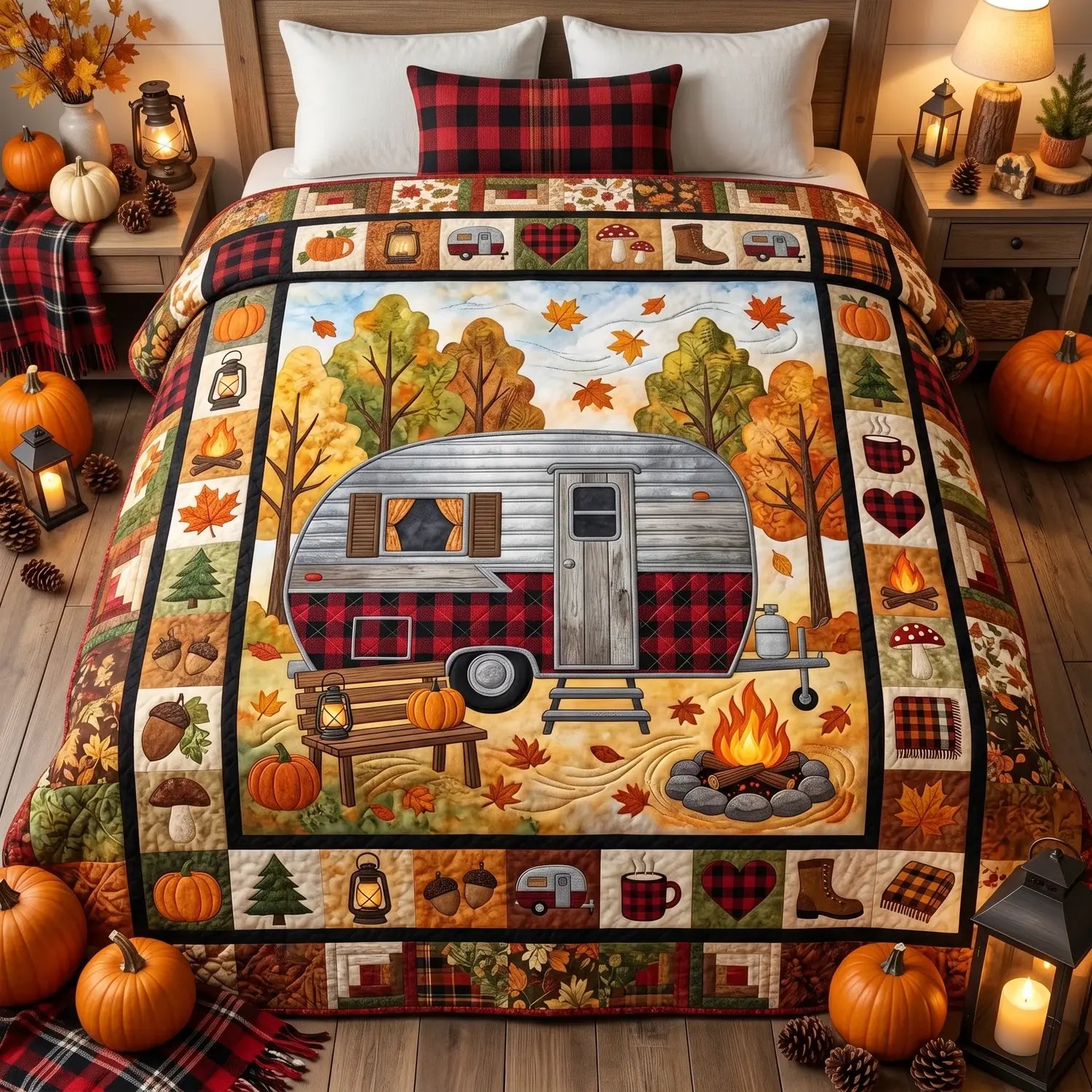 Camping In Autumn Quilt Blanket