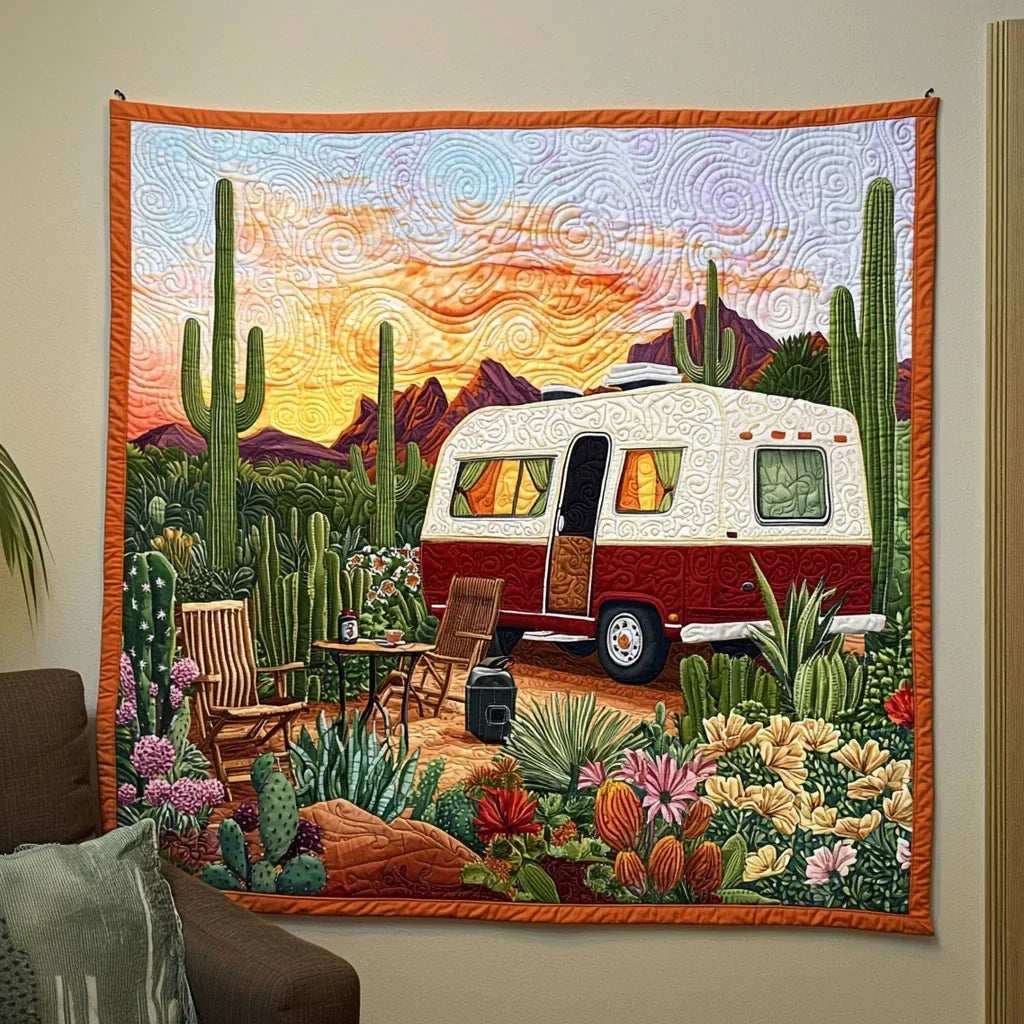 Camping In Desert Quilt Blanket