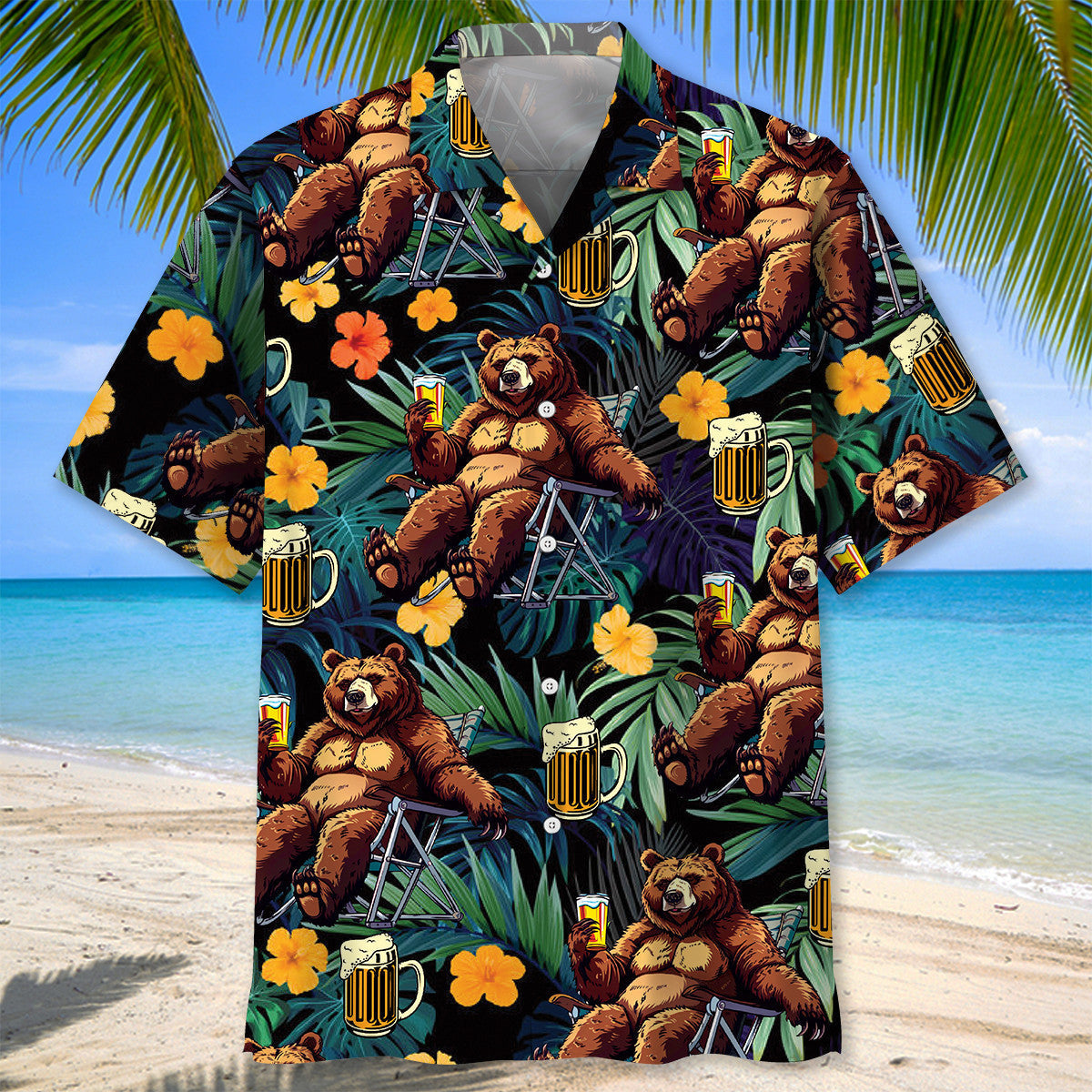 Camping Drunk Bear Hawaiian Shirt - M - hawaiian shirt