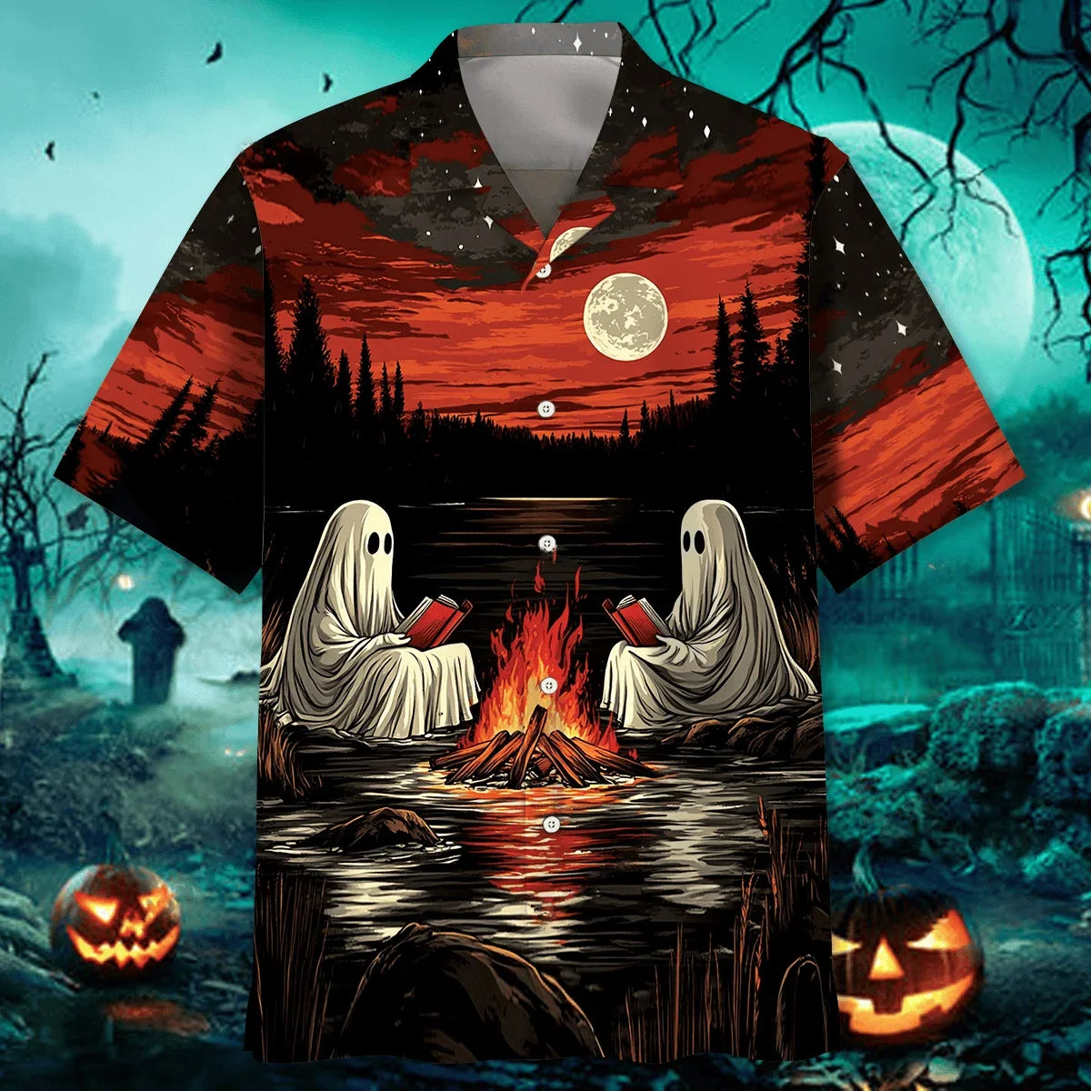 Camping with Ghost Hawaiian Shirt - M - hawaiian shirt