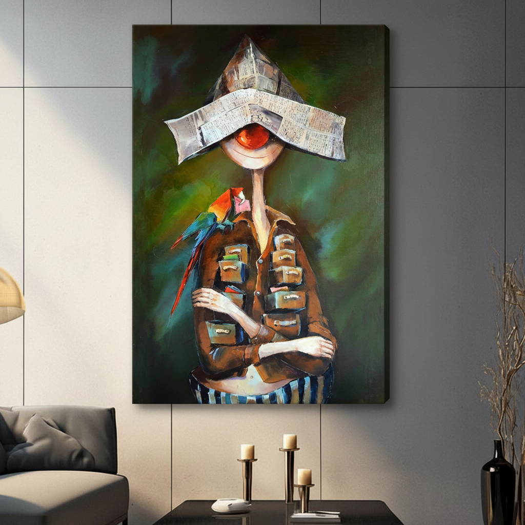 Surreal Newspaper Hat Figure Canvas Wall Art