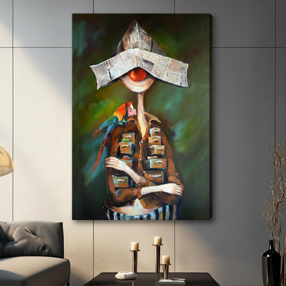 Surreal Newspaper Hat Figure Canvas Wall Art