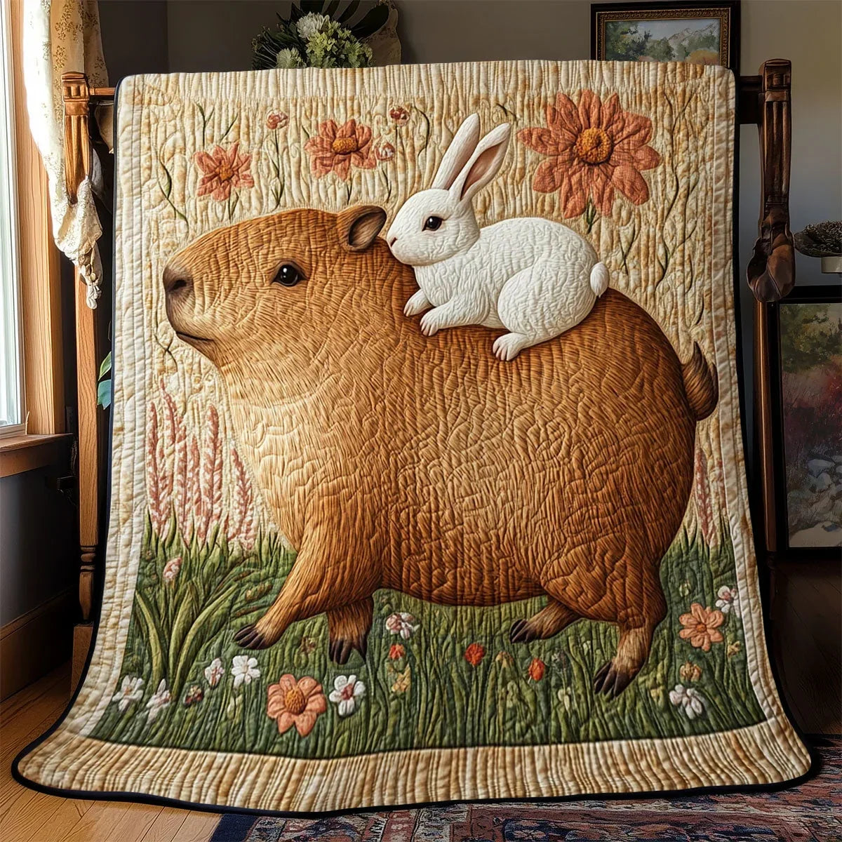 Capybara And Rabbit Quilt Blanket