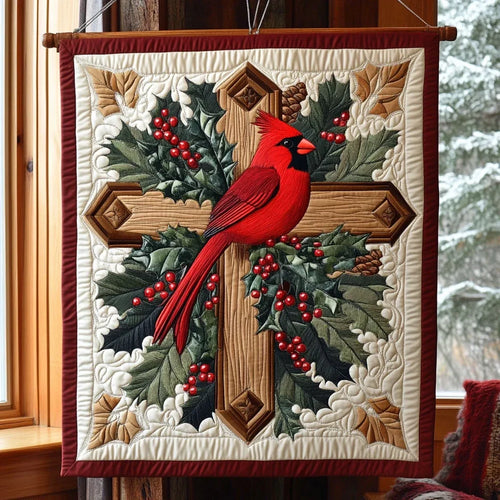 Cardinal On Christmas Cross Quilt Blanket