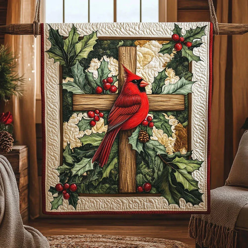 Cardinal On Christmas Cross Quilt Blanket