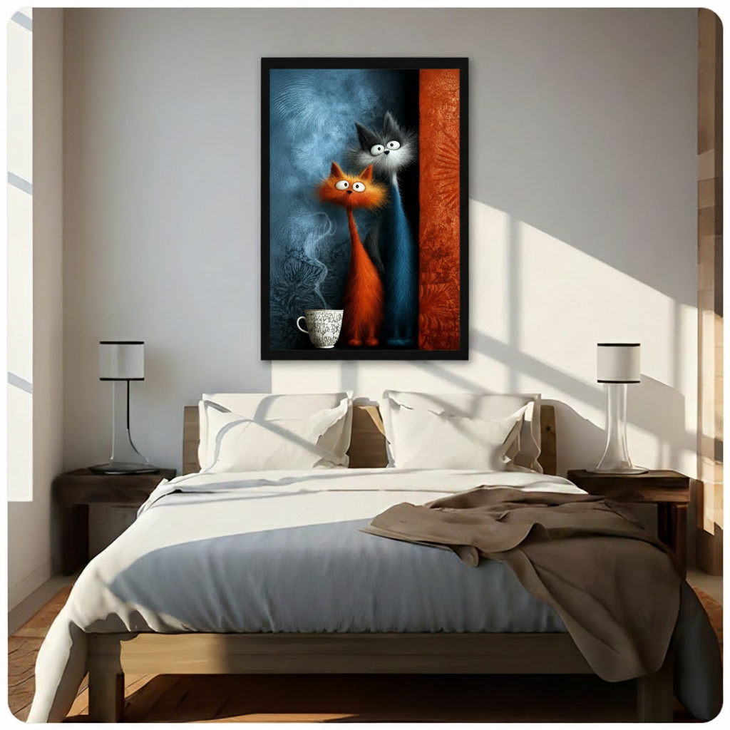 Two Cats Coffee Morning Whimsical Canvas Art Wall Art