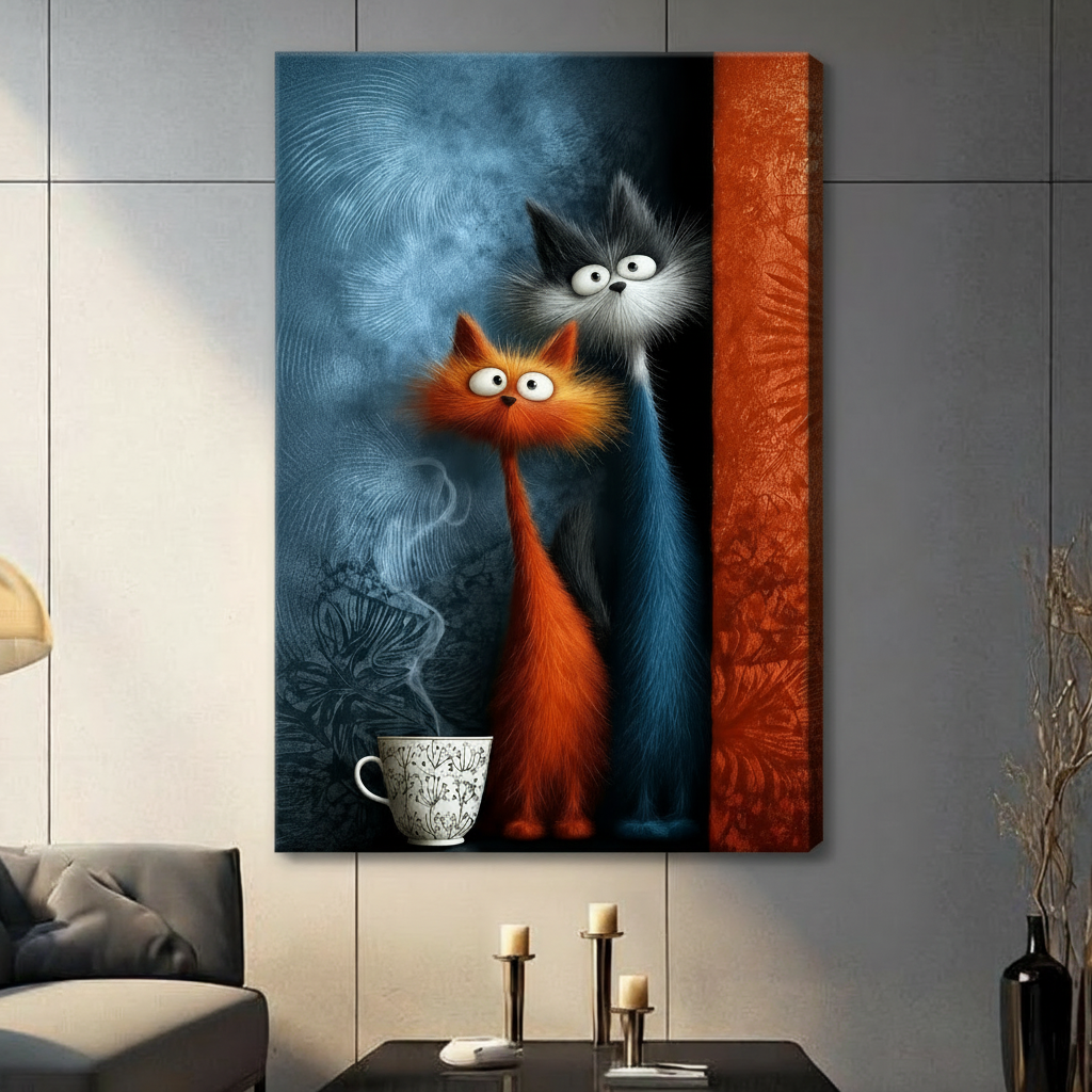 Two Cats Coffee Morning Whimsical Canvas Art Wall Art