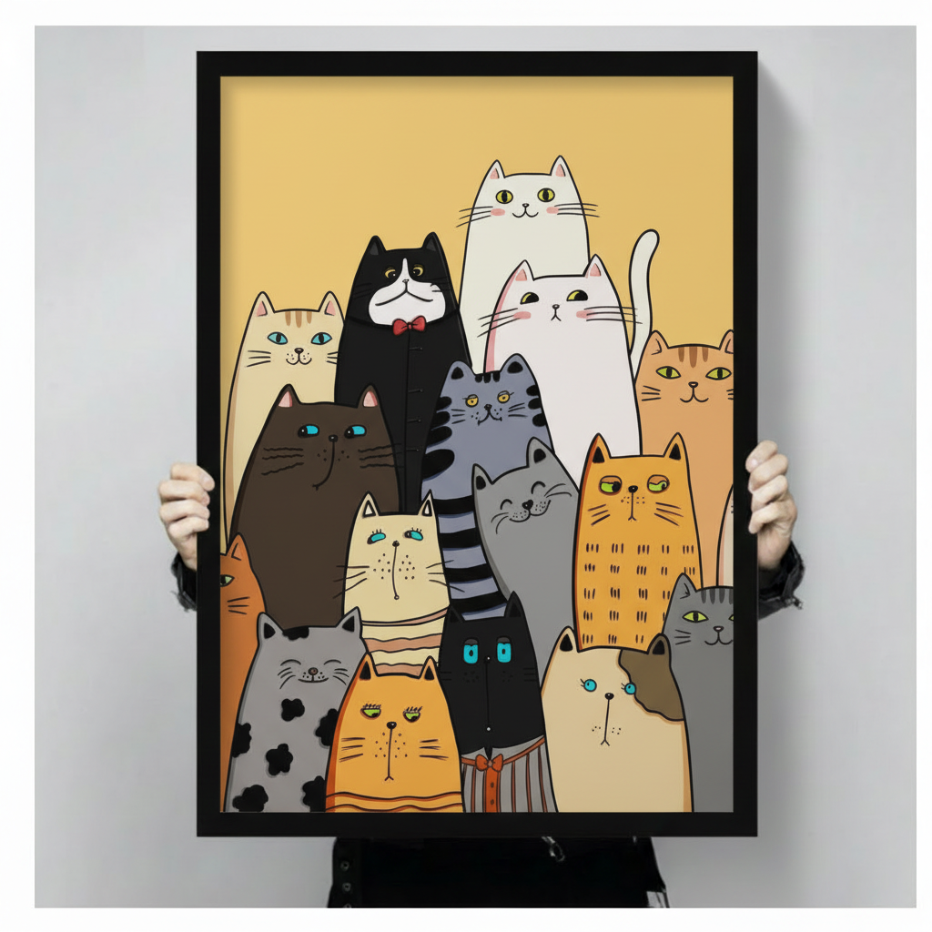 Whimsical Cat Crew Framed Canvas Art Print Wall Art