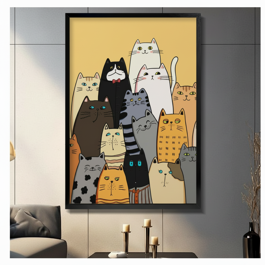 Whimsical Cat Crew Framed Canvas Art Print Wall Art