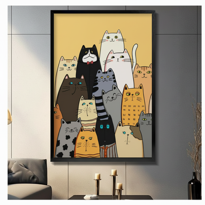 Whimsical Cat Crew Framed Canvas Art Print Wall Art