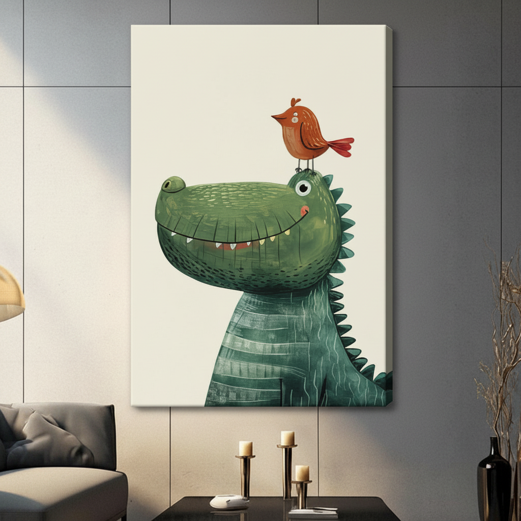 Cute Dinosaur & Bird Kids Canvas Wall Art