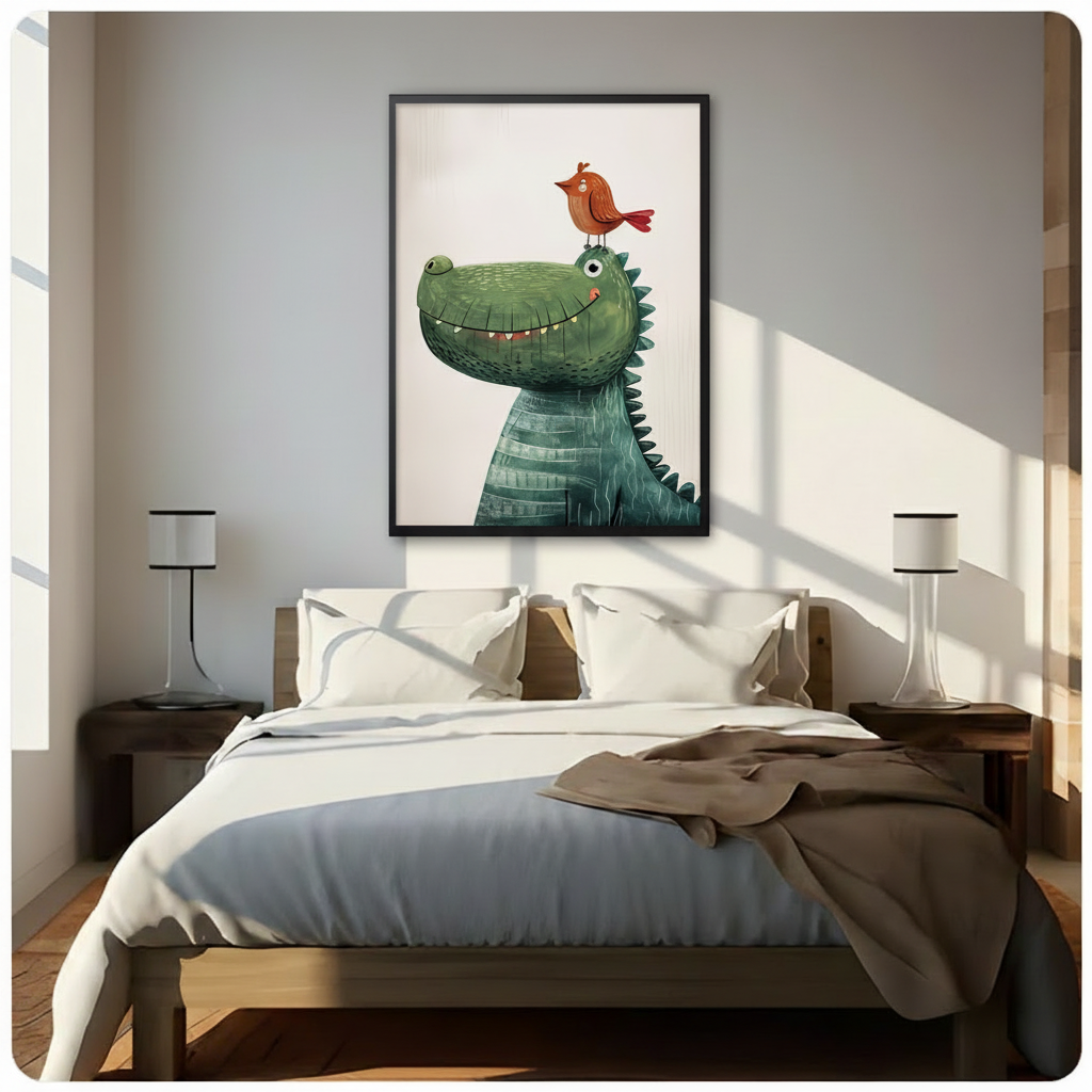 Cute Dinosaur & Bird Kids Canvas Wall Art