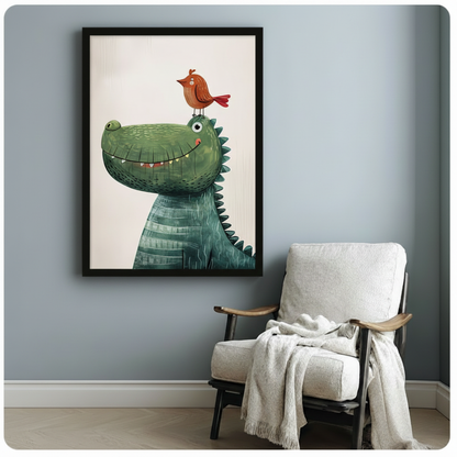 Cute Dinosaur & Bird Kids Canvas Wall Art