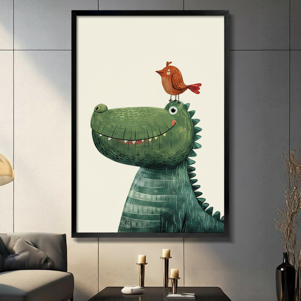 Cute Dinosaur & Bird Kids Canvas Wall Art