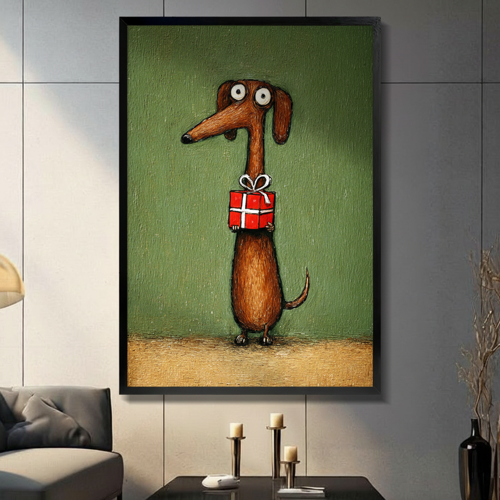 Funny Dachshund Holding Gift Canvas Wall Art