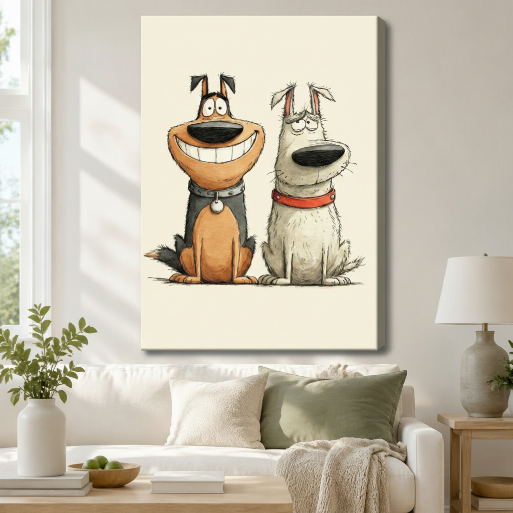 Happy Grumpy Dog Duo Funny Canvas Wall Art