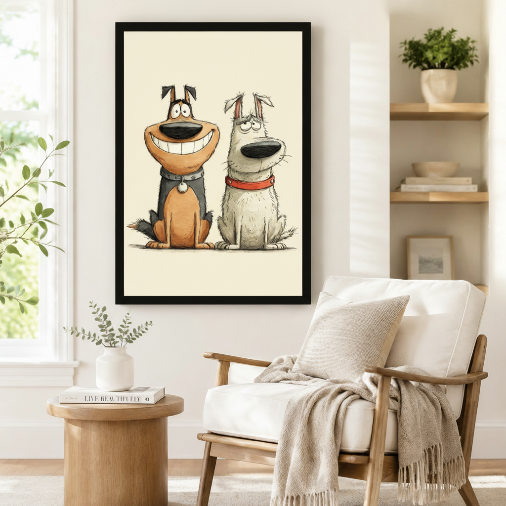 Happy Grumpy Dog Duo Funny Canvas Wall Art