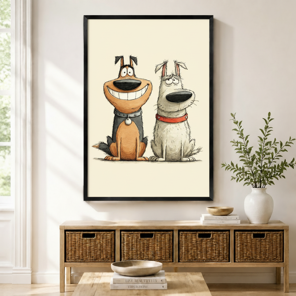 Happy Grumpy Dog Duo Funny Canvas Wall Art