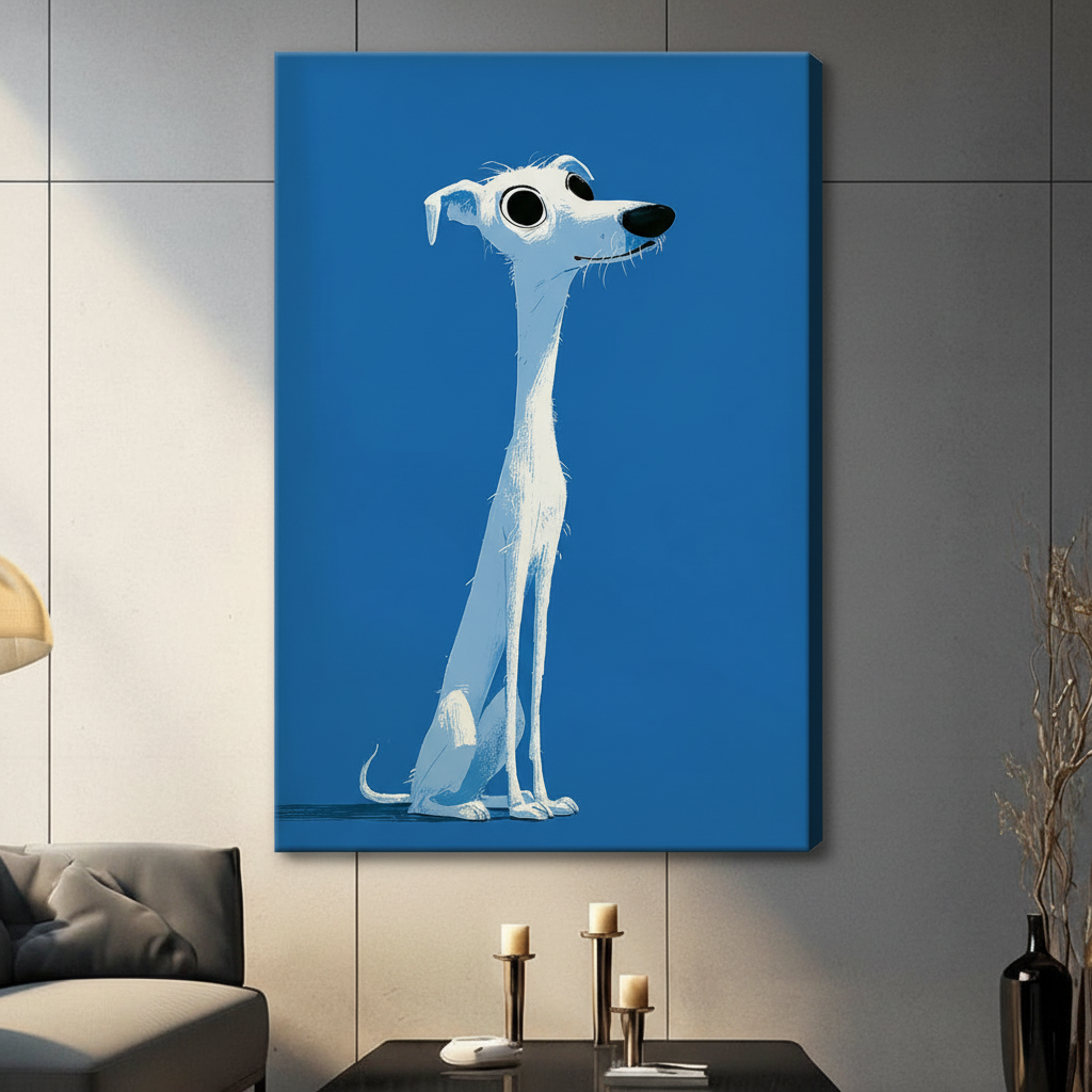 Cartoon Greyhound Blue Framed Canvas Wall Art