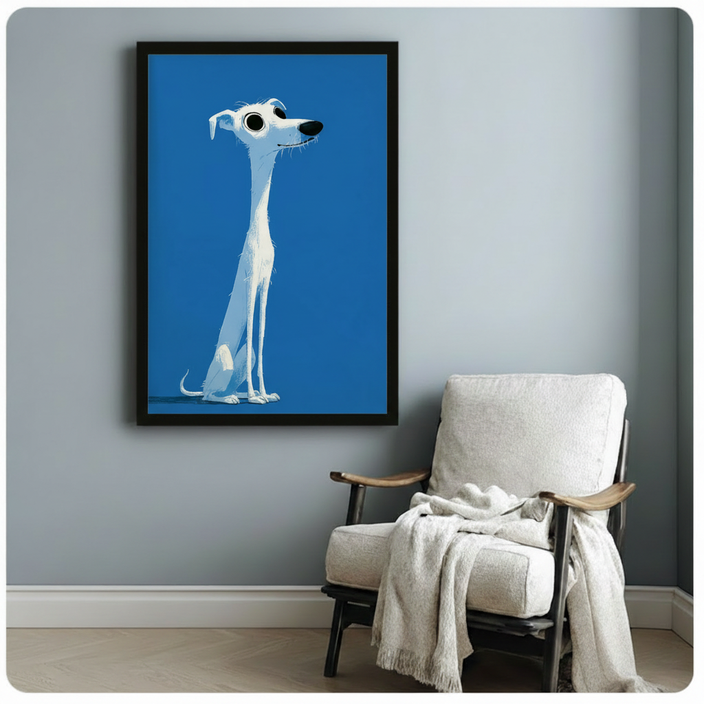 Cartoon Greyhound Blue Framed Canvas Wall Art