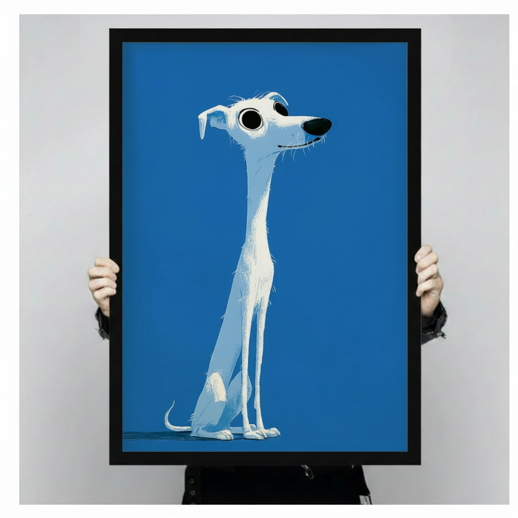 Cartoon Greyhound Blue Framed Canvas Wall Art