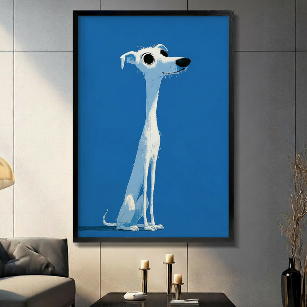 Cartoon Greyhound Blue Framed Canvas Wall Art