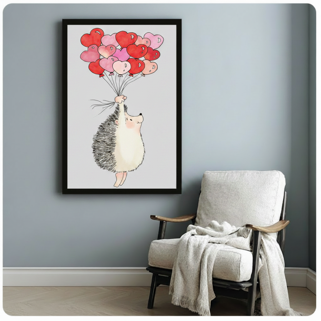 Hedgehog Heart Balloons Whimsical Canvas Wall Art