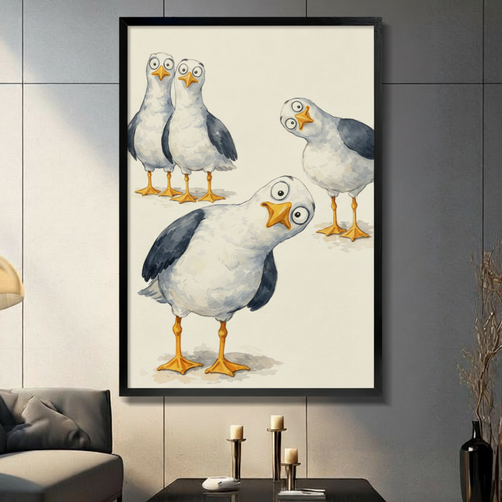 Funny Seagull Watercolor Canvas Wall Art