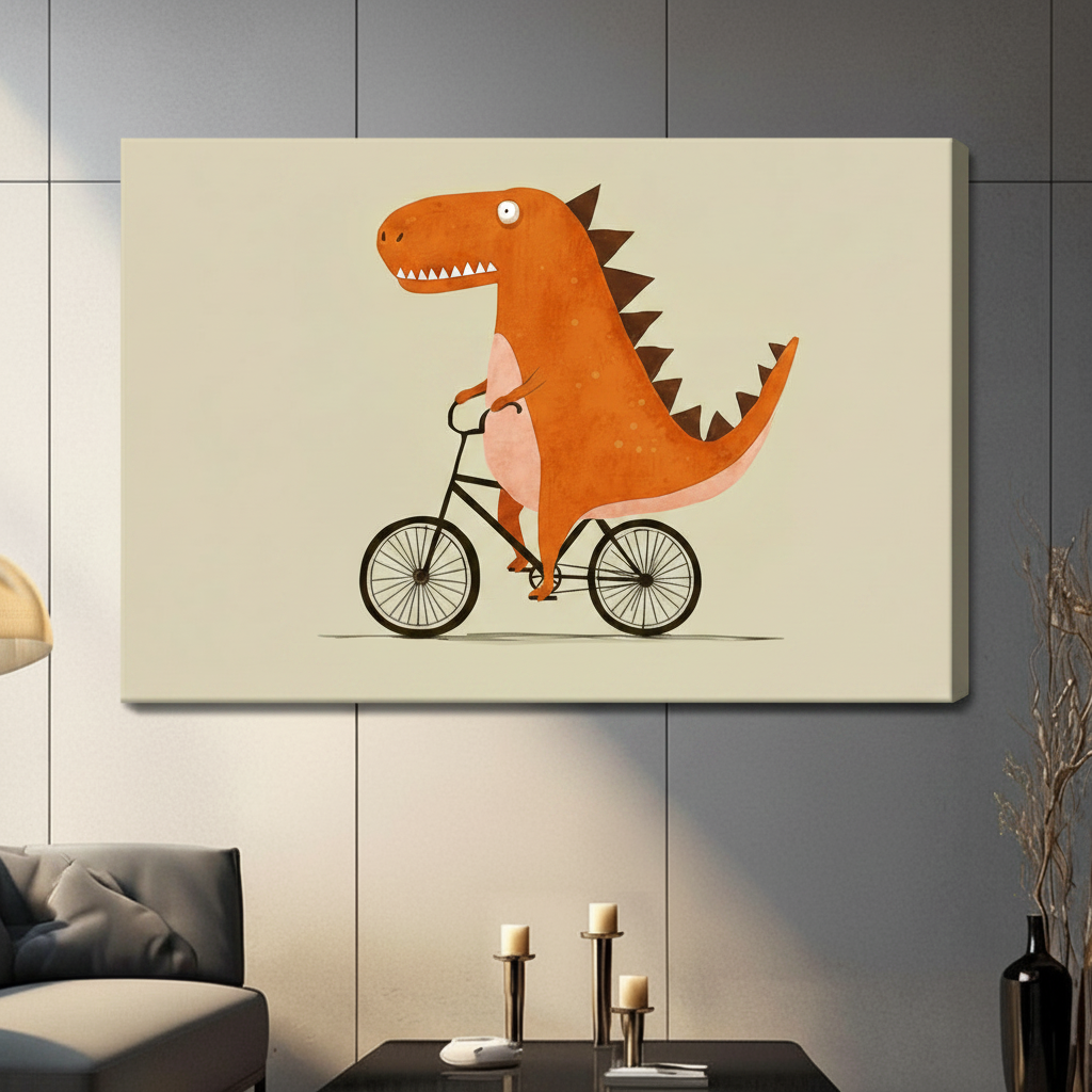 Funny T-Rex Riding Bike Cartoon Canvas Wall Art