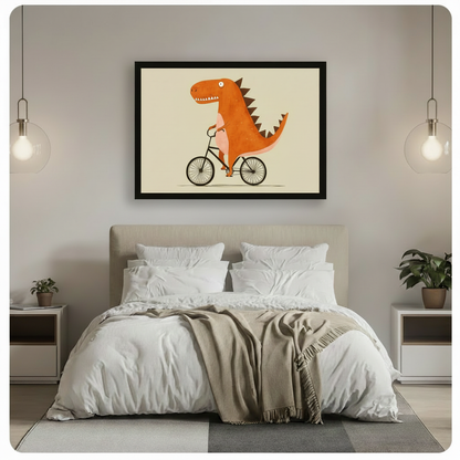 Funny T-Rex Riding Bike Cartoon Canvas Wall Art