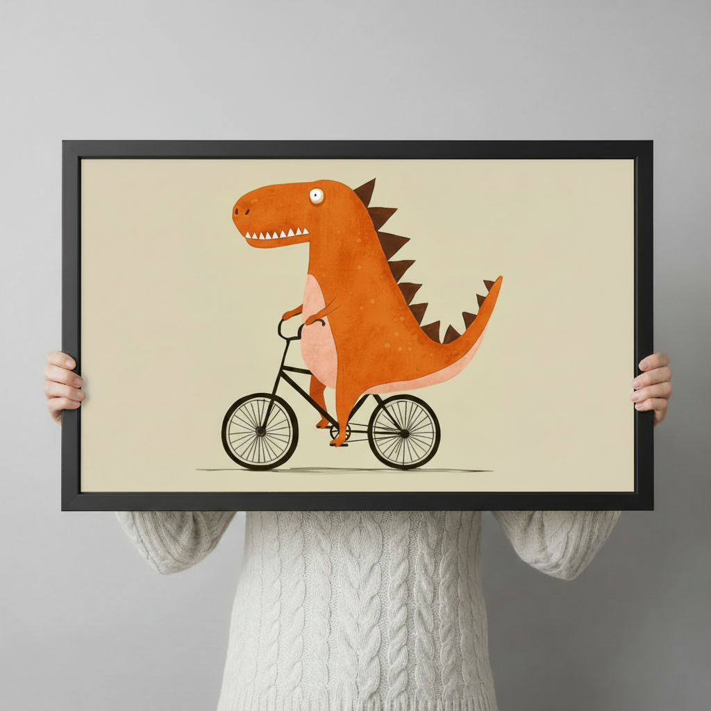 Funny T-Rex Riding Bike Cartoon Canvas Wall Art