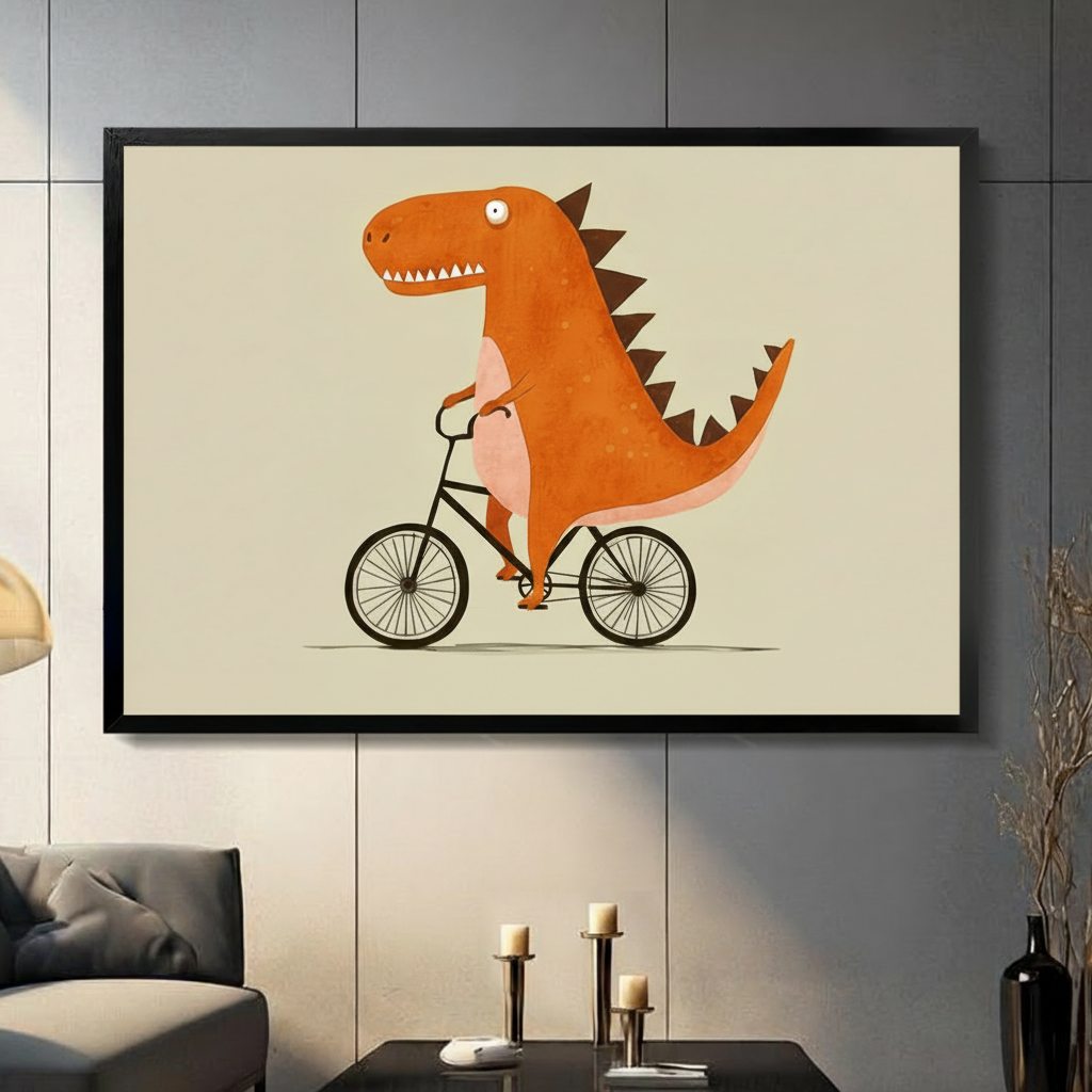 Funny T-Rex Riding Bike Cartoon Canvas Wall Art