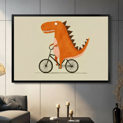 Funny T-Rex Riding Bike Cartoon Canvas Wall Art