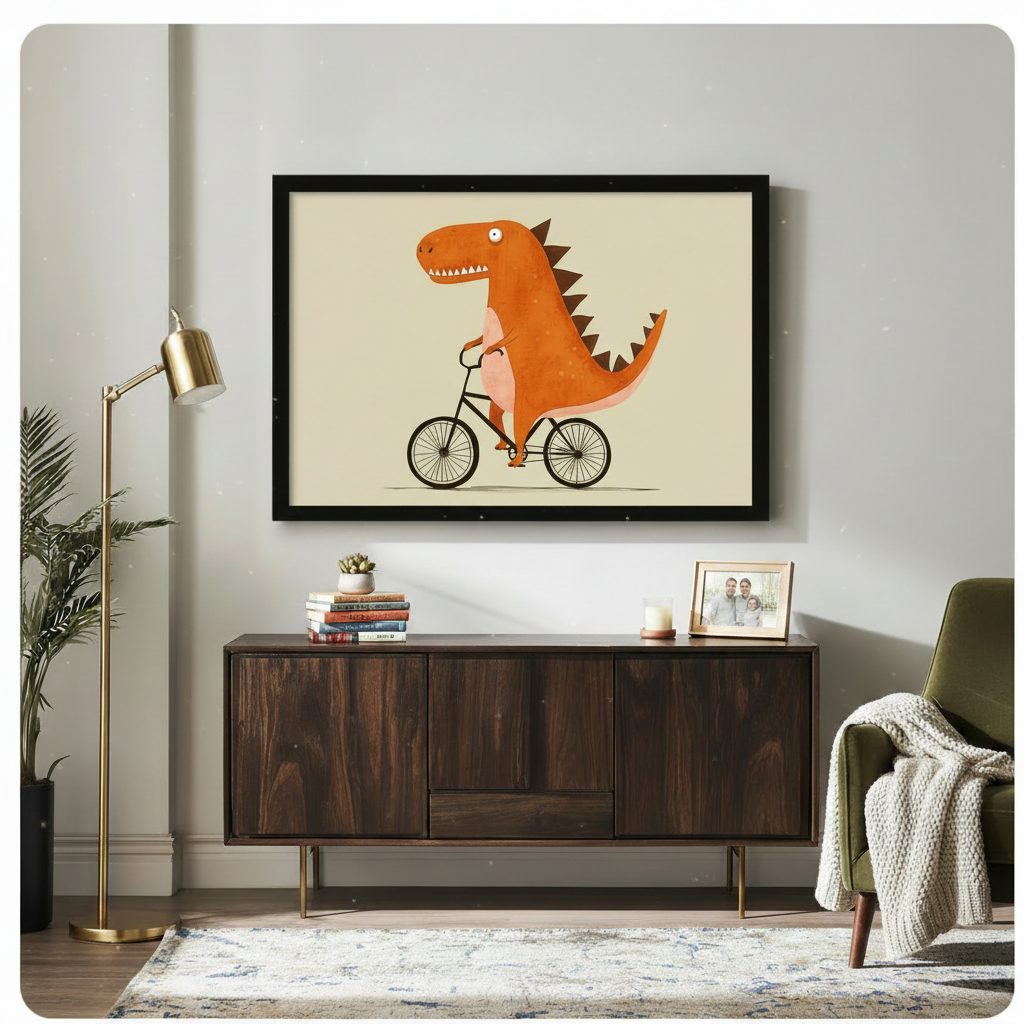 Funny T-Rex Riding Bike Cartoon Canvas Wall Art