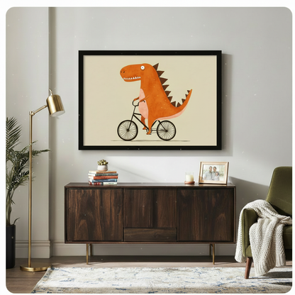 Funny T-Rex Riding Bike Cartoon Canvas Wall Art