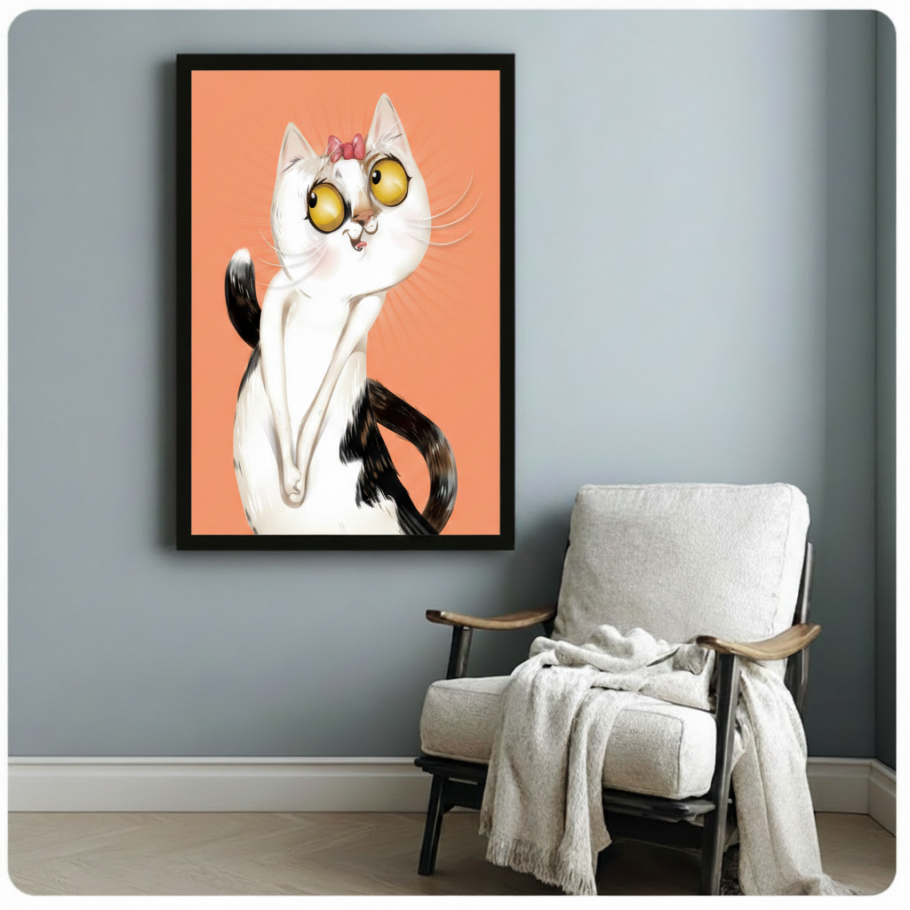 Sassy White Cat Bow Whimsical Canvas Wall Art