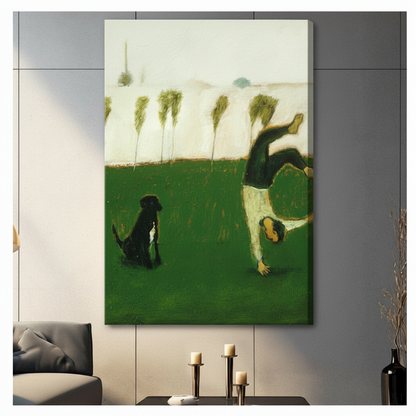 Handstand & Dog Playful Oil Canvas Art Wall Art