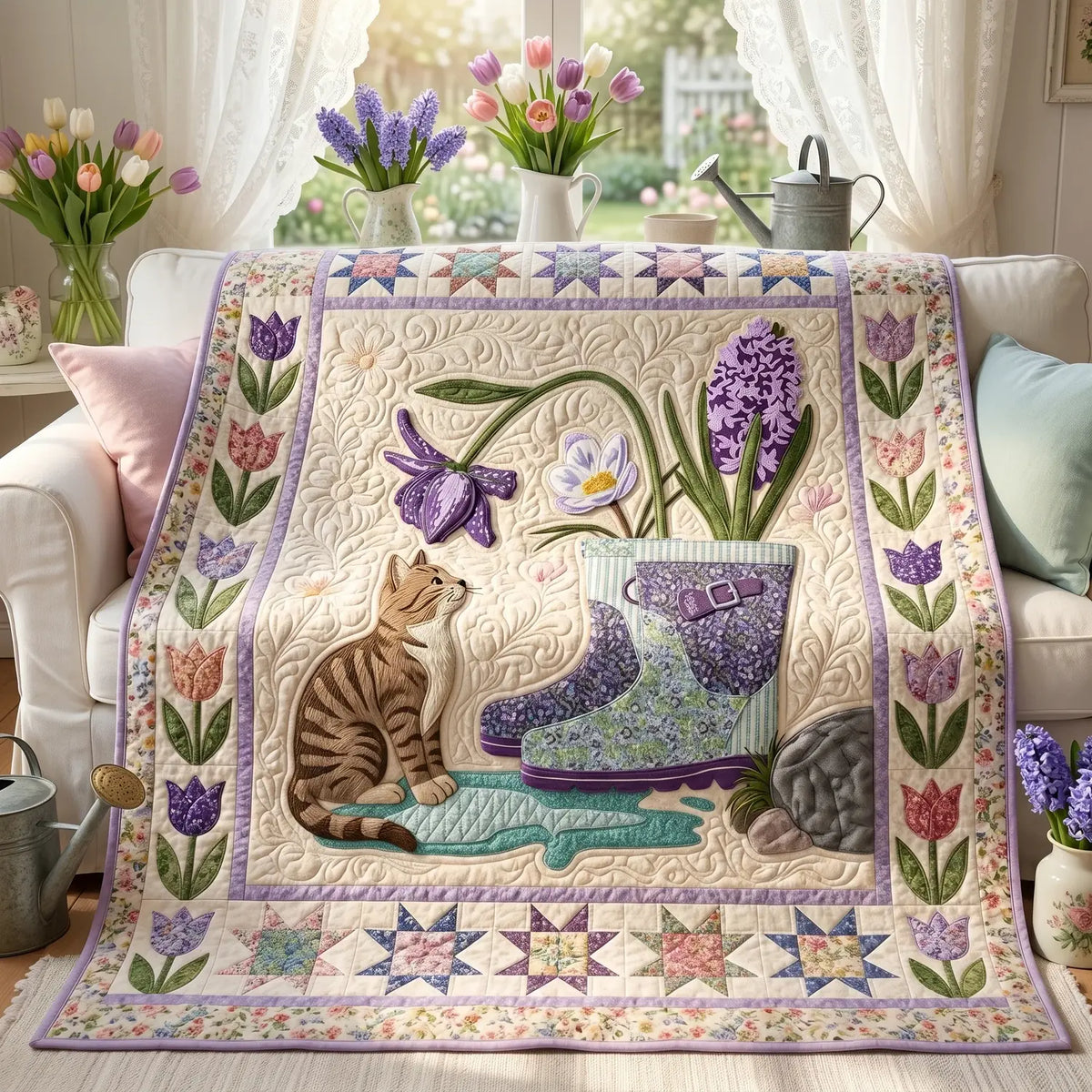 Cat And Flower Quilt Blanket