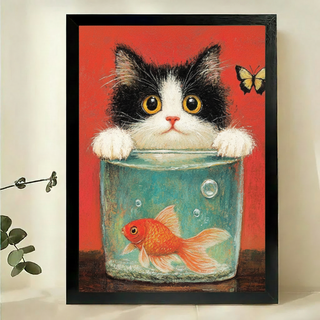 Cat and Goldfish Bowl Canvas Wall Art Print