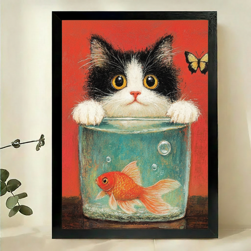 Cat and Goldfish Bowl Canvas Wall Art Print