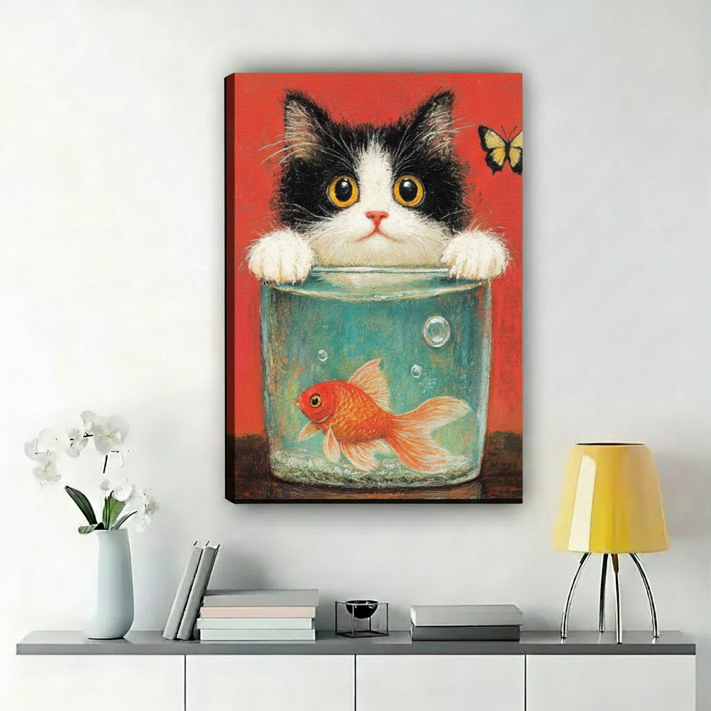 Cat and Goldfish Bowl Canvas Wall Art Print