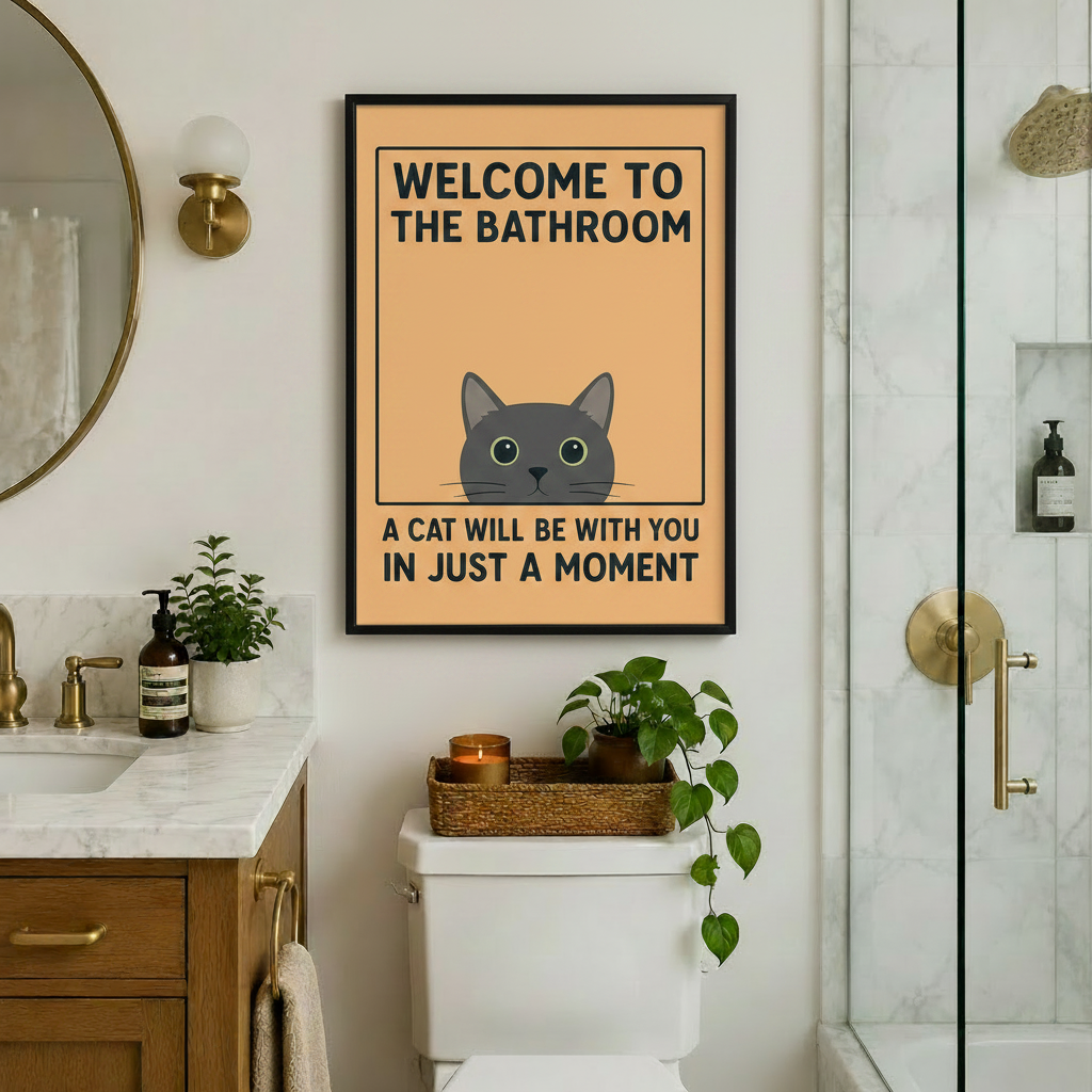Funny Cat Bathroom Welcome Sign Canvas Wall Art
