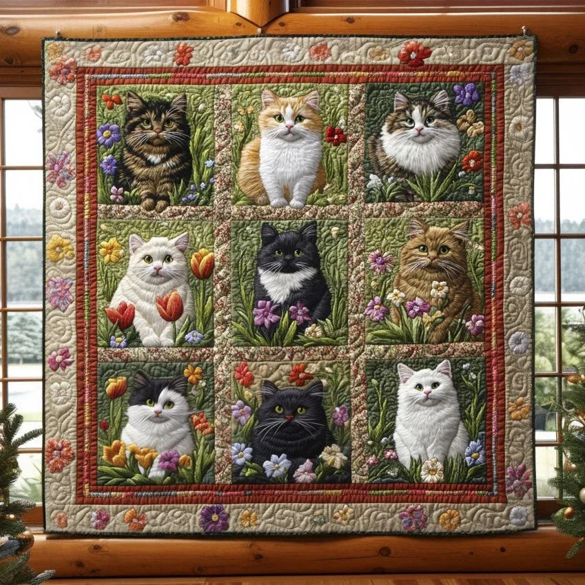 Cat Bloom Garden Quilt Blanket