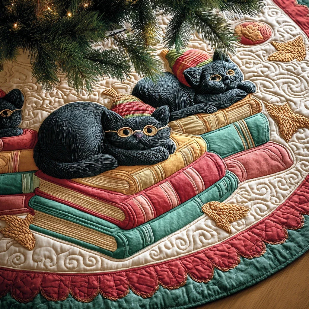 Cat Book Corner Christmas Quilted Tree Skirt